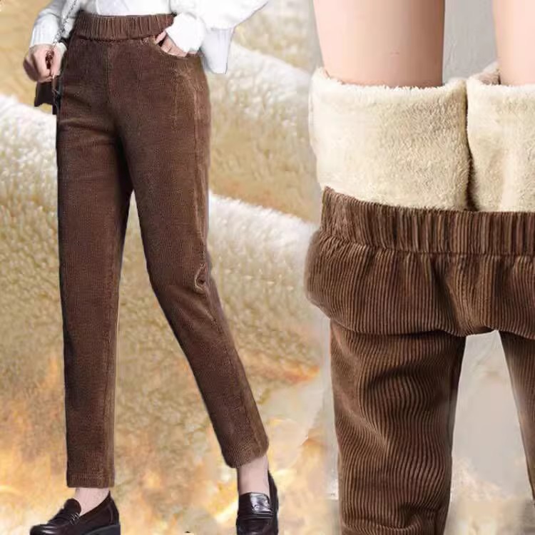 Corduroy Pant Warm - 여성용 플러시 두꺼운 캐주얼 바지, 코듀로이