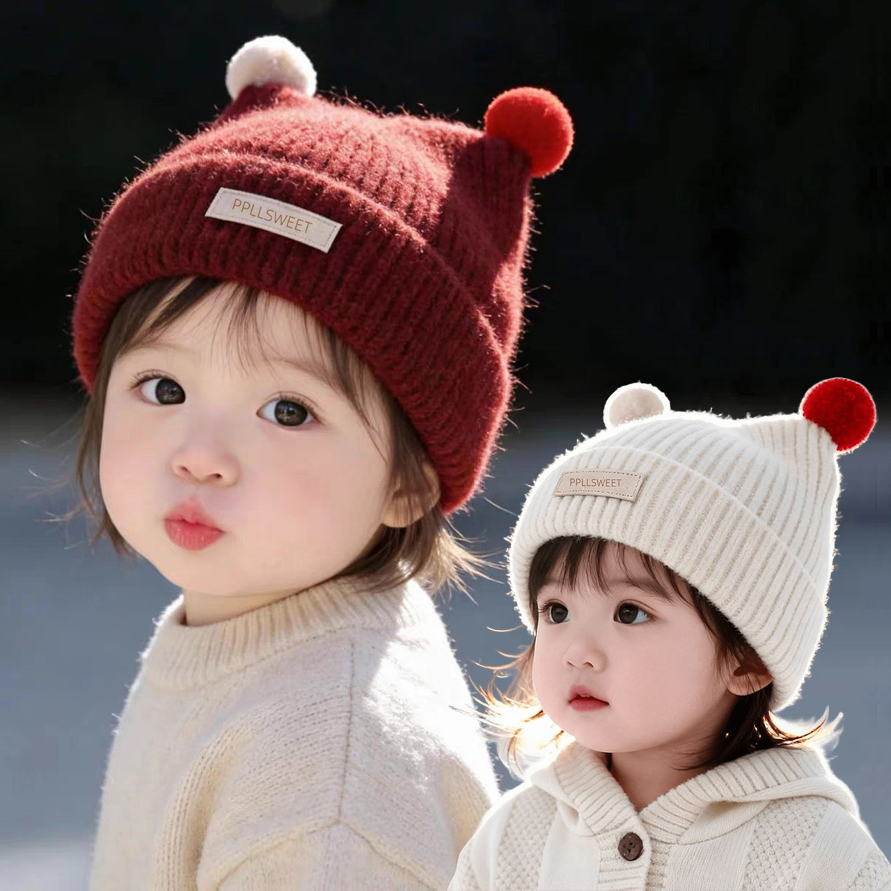 1-4 세 아기 니트 모자 귀여운 더블 플러시 볼 풀오 - Knit Beanie Hat Warm 리뷰 및 가격